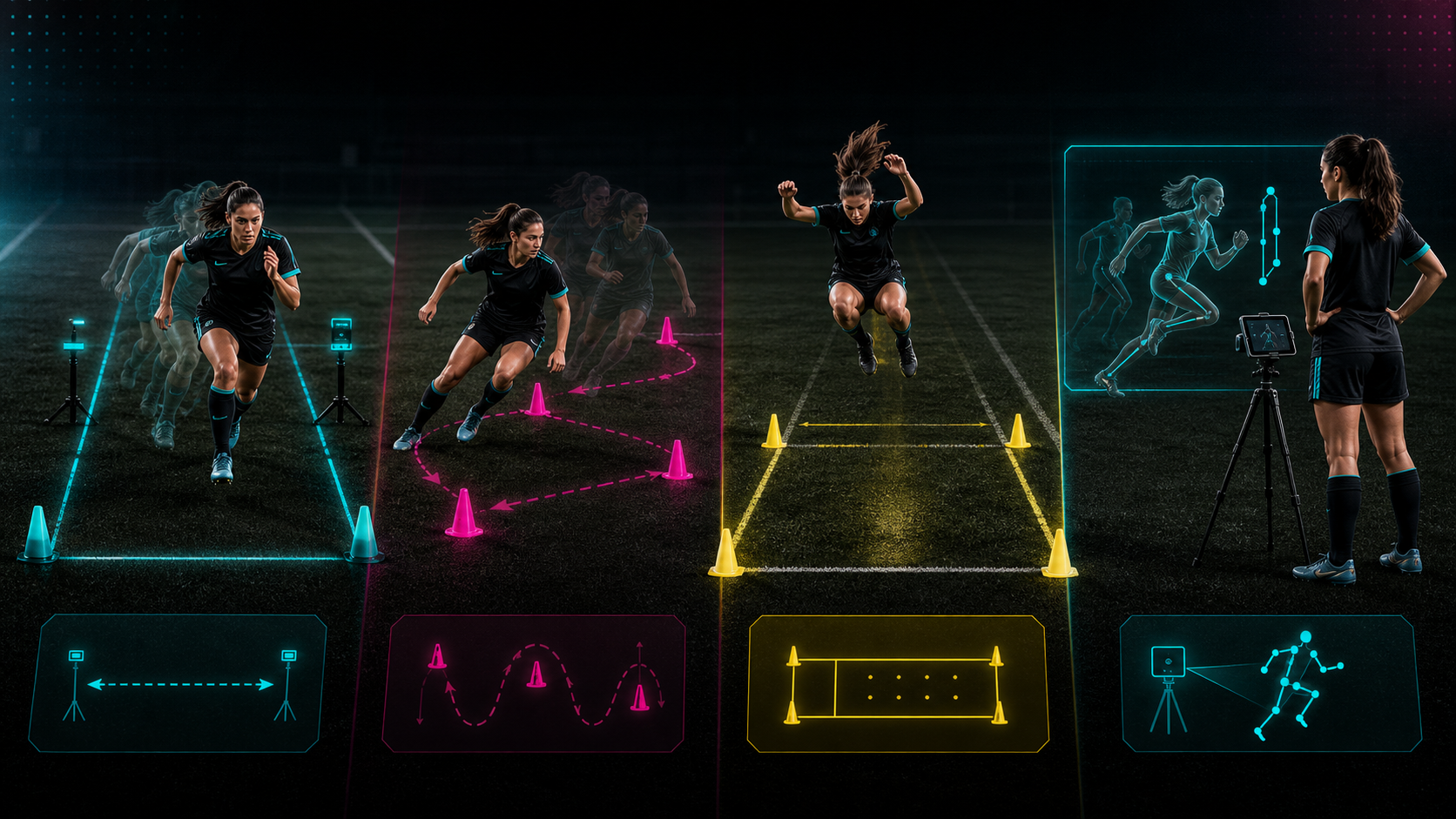 Baseline soccer speed tests including sprint, shuttle, jump, and video mechanics checks