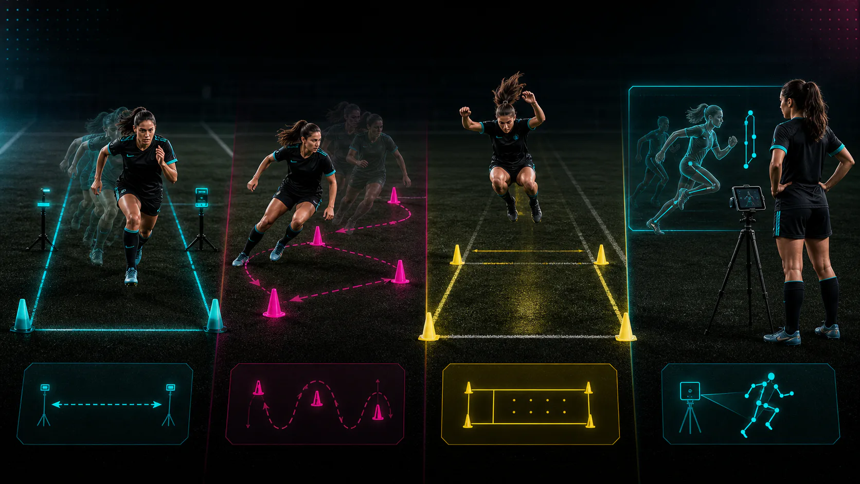 Baseline soccer speed tests including sprint, shuttle, jump, and video mechanics checks